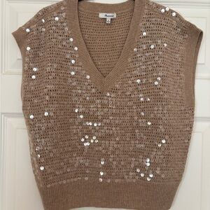 Madewell Sequin Embellished Brown V-Neck Sweater